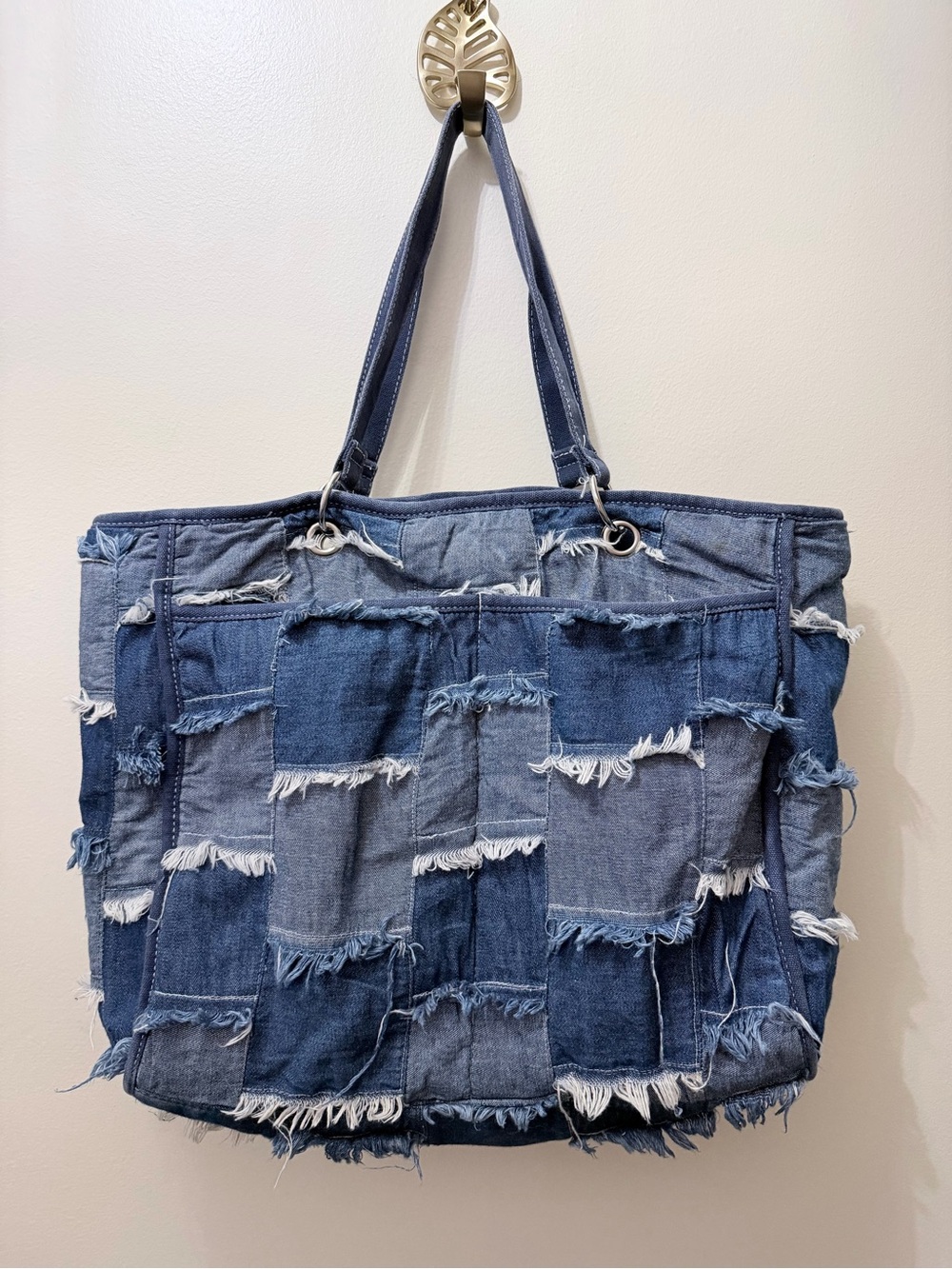 Vintage Y2K Denim Jean Patchwork Fringe Tote Shoulder Bag Purse XL Boho Western
